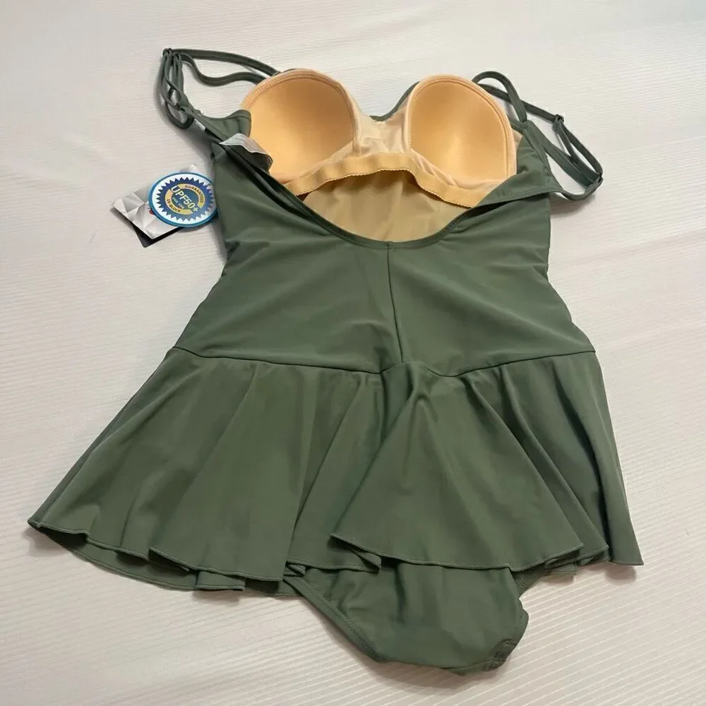 NWT BALEAF Dark Olive Green Swim Dress  One Piece Swimsuit Size 36 New